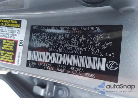 2020 Lexus Es 350 F Sport z USA, uszkodzony, nr VIN 58AGZ1B18LU062604